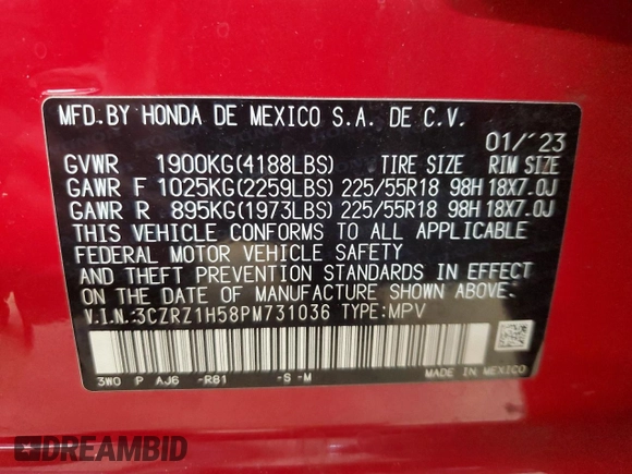 2023 Honda HR-V Sport with VIN 3CZRZ1H58PM731036, listed as a Copart auction lot 48746845 with 24,125 mi miles and Salvage Title. Bid and sale history available at carsss.com. Image 16.