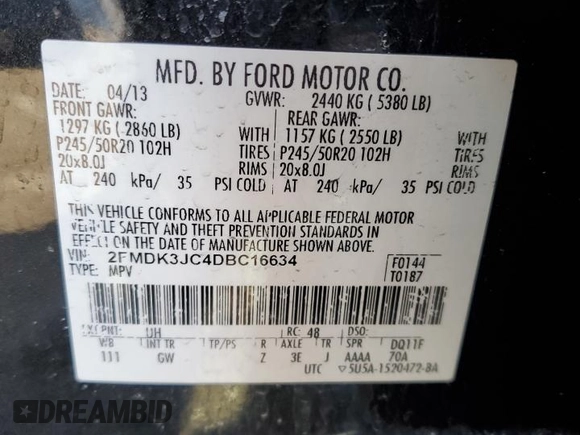 2013 Ford Edge SEL with VIN 2FMDK3JC4DBC16634, listed as a Copart auction lot 49142865 with 157,370 mi miles and Salvage Title. Bid and sale history available at carsss.com. Image 12.