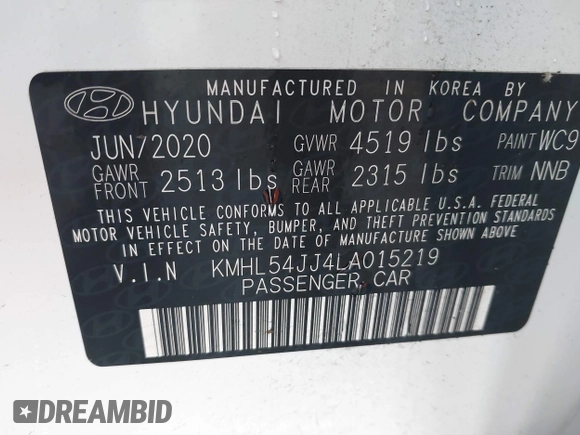 2020 Hyundai Sonata Hybrid Limited with VIN KMHL54JJ4LA015219, listed as a IAAI auction lot 41484462 with 32,725 mi miles. Bid and sale history available at carsss.com. Image 9.