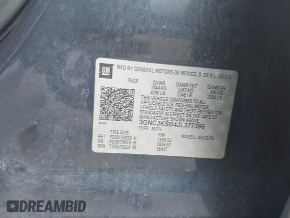 2018 Chevrolet Trax LS with VIN 3GNCJKSB4JL377396, listed as a IAAI auction lot 41943133 with 185,449 mi miles. Bid and sale history available at carsss.com. Image 9.