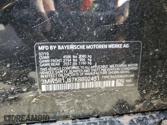 2019 BMW 3 Series 330i with VIN 3MW5R1J57K8B02431, listed as a Copart auction lot 47676085 with 0 mi miles and Salvage Title. Bid and sale history available at carsss.com. Image 12.