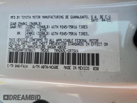 2023 Toyota Tacoma SR with VIN 3TYRX5GN4PT078617, listed as a Copart auction lot 52136805 with 18,481 mi miles and Non repairable. Bid and sale history available at DreamBid. Image 13.