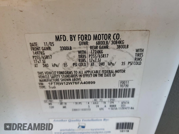 2006 Ford F-150 XLT with VIN 1FTRW12W76FA40899, listed as a Copart auction lot 63683935 with Not provided miles and Clean title. Bid and sale history available at DreamBid. Image 13.