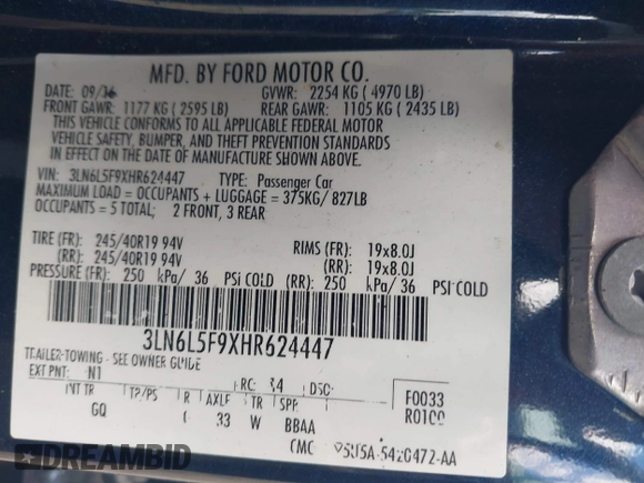 2017 Lincoln MKZ Reserve with VIN 3LN6L5F9XHR624447, listed as a IAAI auction lot 42340497 with Not provided miles and . Bid and sale history available at DreamBid. Image 9.