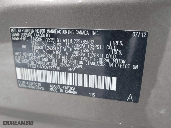 2012 Toyota RAV4 with VIN 2T3ZF4DVXCW133710, listed as a IAAI auction lot 41995336 with 125,324 mi miles. Bid and sale history available at carsss.com. Image 9.