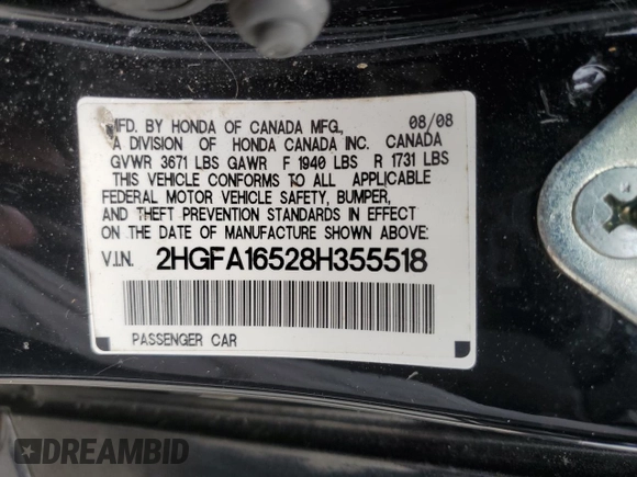 2008 Honda Civic LX with VIN 2HGFA16528H355518, listed as a Copart auction lot 58715425 with 163,409 mi miles and Salvage title. Bid and sale history available at DreamBid. Image 12.