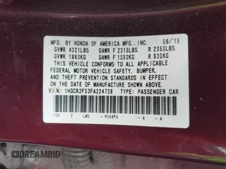 2015 Honda Accord Sport with VIN 1HGCR2F53FA224739, listed as a IAAI auction lot 42064396 with 90,154 mi miles and . Bid and sale history available at DreamBid. Image 9.