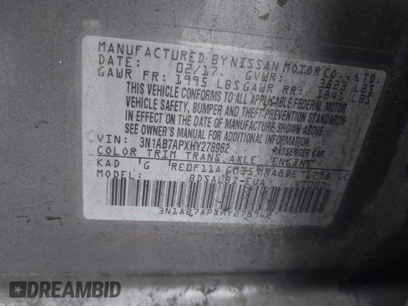 2017 Nissan Sentra S with VIN 3N1AB7APXHY278962, listed as a IAAI auction lot 41983334 with 103,943 mi miles and . Bid and sale history available at DreamBid. Image 9.