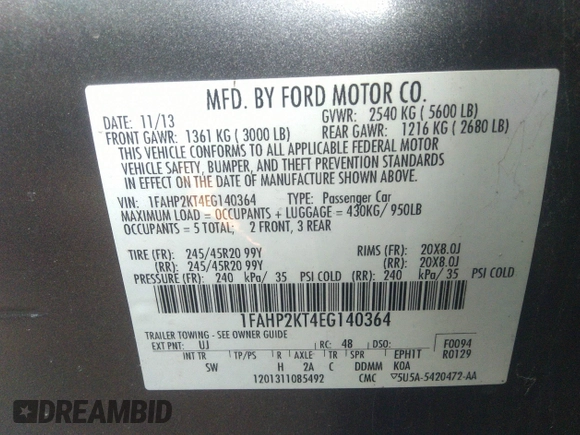 2014 Ford Taurus SHO with VIN 1FAHP2KT4EG140364, listed as a IAAI auction lot 35451709 with 82,904 mi miles. Bid and sale history available at carsss.com. Image 9.