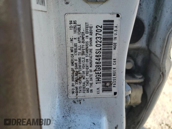 1995 Honda Civic DX z VIN 1HGEG8646SL023702, wystawiony jako Copart lot #82193694 z przebiegiem 213 950 mil mil oraz Szkoda całkowita • Salvage title. Historia ofert i sprzedaży dostępna na DreamBid. Obrazek 12.