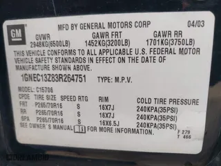 2003 Chevrolet Tahoe LT with VIN 1GNEC13Z83R264751, listed as a IAAI auction lot 41898933 with 300,977 mi miles. Bid and sale history available at carsss.com. Image 9.