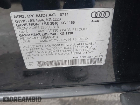 2015 Audi Q3 Premium Plus with VIN WA1EFCFS8FR002771, listed as a IAAI auction lot 42408746 with 115,564 mi miles and . Bid and sale history available at DreamBid. Image 9.