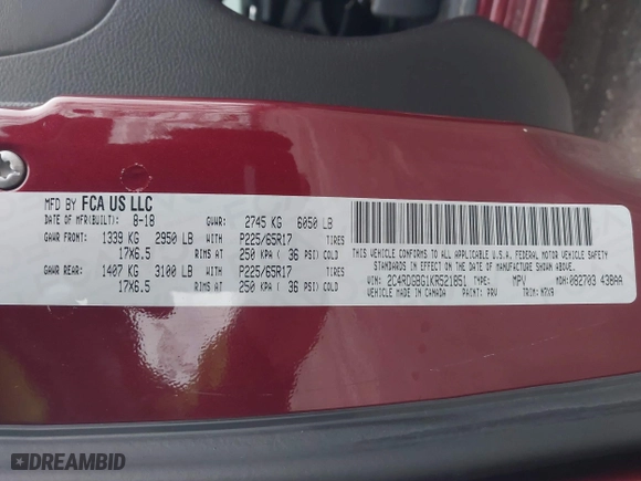 2019 Dodge Grand Caravan SE with VIN 2C4RDGBG1KR521851, listed as a IAAI auction lot 41572267 with 104,484 mi miles. Bid and sale history available at carsss.com. Image 9.