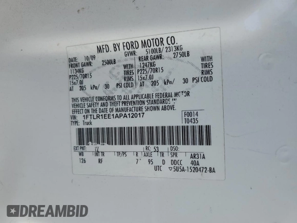 2010 Ford Ranger with VIN 1FTLR1EE1APA12017, listed as a Copart auction lot 75311044 with 407,217 mi miles and Salvage Title. Bid and sale history available at DreamBid. Image 12.