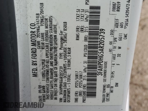 2010 Ford Fusion SE with VIN 3FAHP0HG5AR205739, listed as a Copart auction lot 53526265 with 151,428 mi miles and Clean Title. Bid and sale history available at carsss.com. Image 12.