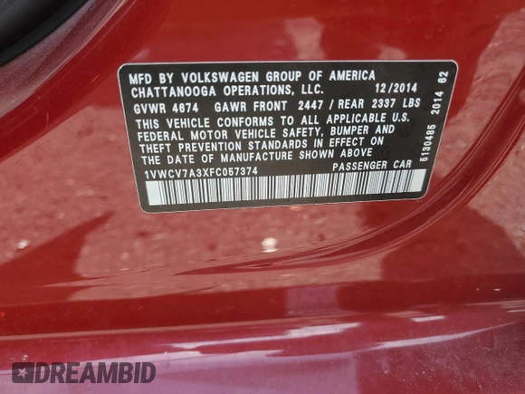 2015 Volkswagen Passat SEL Premium with VIN 1VWCV7A3XFC057374, listed as a Copart auction lot 61545815 with 114,549 mi miles and Clean title. Bid and sale history available at DreamBid. Image 12.