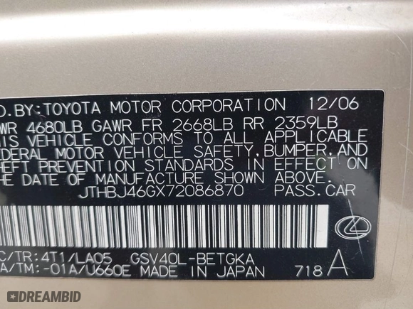 2007 Lexus ES 350 with VIN JTHBJ46GX72086870, listed as a IAAI auction lot 41335428 with NaN miles. Bid and sale history available at carsss.com. Image 9.