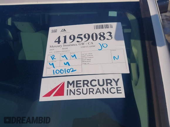 2019 Ram 1500 Classic Tradesman with VIN 1C6RR6FG7KS500515, listed as a IAAI auction lot 41959083 with 100,102 mi miles. Bid and sale history available at carsss.com. Image 17.