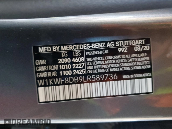 2020 Mercedes-Benz C 300 with VIN W1KWF8DB9LR589736, listed as a Copart auction lot 61863365 with 53,490 mi miles and Salvage title. Bid and sale history available at DreamBid. Image 13.