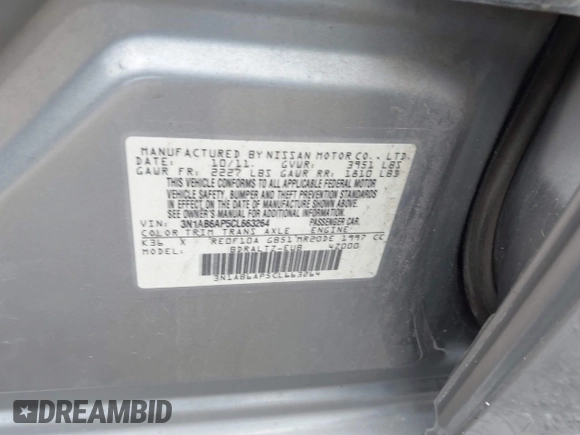 2012 Nissan Sentra SR with VIN 3N1AB6AP5CL663264, listed as a IAAI auction lot 41901188 with 127,794 mi miles and . Bid and sale history available at DreamBid. Image 9.