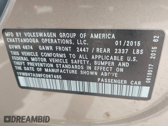 2015 Volkswagen Passat SE с VIN 1VWBV7A39FC067485, выставлен на аукционе IAAI как лот 42228324 с пробегом 147 214 миль миль и . История ставок и продаж доступна на DreamBid. Изображение 9.