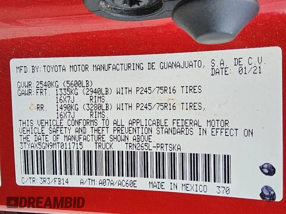 2021 Toyota Tacoma SR with VIN 3TYAX5GN9MT011715, listed as a Copart auction lot 52770825 with 114,454 mi miles and Clean title. Bid and sale history available at DreamBid. Image 12.