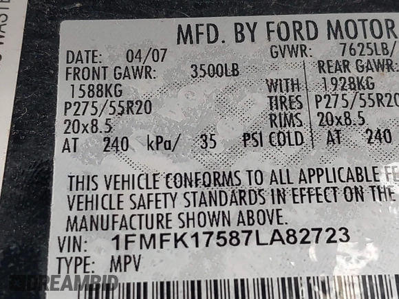 2007 Ford Expedition Max Eddie Bauer с VIN 1FMFK17587LA82723, выставлен на аукционе IAAI как лот 42323116 с пробегом 253 177 миль миль и . История ставок и продаж доступна на DreamBid. Изображение 9.