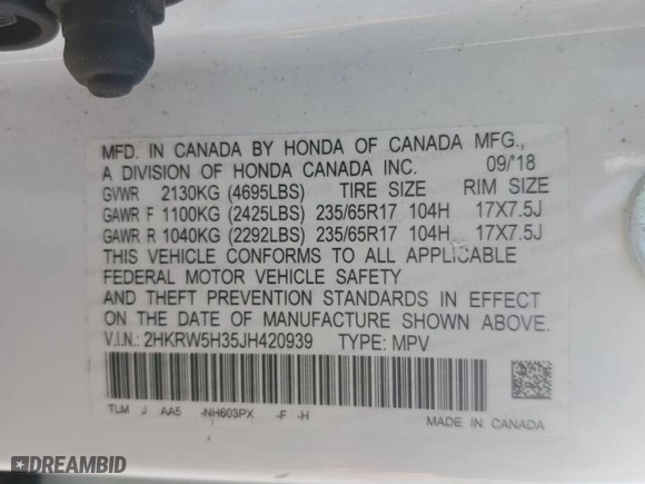 2018 Honda CR-V LX with VIN 2HKRW5H35JH420939, listed as a Copart auction lot 47260715 with 67,875 mi miles and Salvage Title. Bid and sale history available at carsss.com. Image 16.