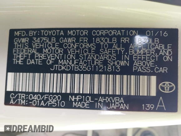 2016 Toyota Prius One with VIN JTDKDTB35G1121813, listed as a IAAI auction lot 42054089 with 62,980 mi miles and . Bid and sale history available at DreamBid. Image 9.