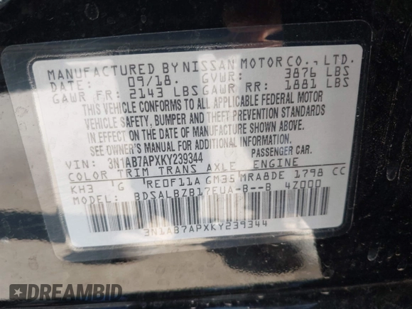 2019 Nissan Sentra SV with VIN 3N1AB7APXKY239344, listed as a IAAI auction lot 41680484 with 58,386 mi miles and . Bid and sale history available at DreamBid. Image 9.
