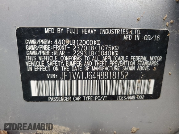 2017 Subaru WRX Limited with VIN JF1VA1J64H8818152, listed as a Copart auction lot 54471335 with 106,759 mi miles and Salvage Title. Bid and sale history available at carsss.com. Image 12.