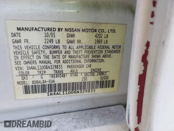 2006 Nissan Altima 2.5 with VIN 1N4AL11D06N329835, listed as a IAAI auction lot 41756507 with 152,803 mi miles. Bid and sale history available at carsss.com. Image 9.