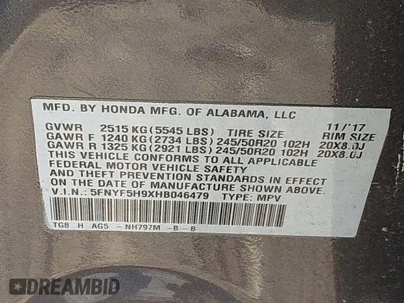 2017 Honda Pilot Touring with VIN 5FNYF5H9XHB046479, listed as a IAAI auction lot 41941449 with 162,554 mi miles. Bid and sale history available at carsss.com. Image 9.