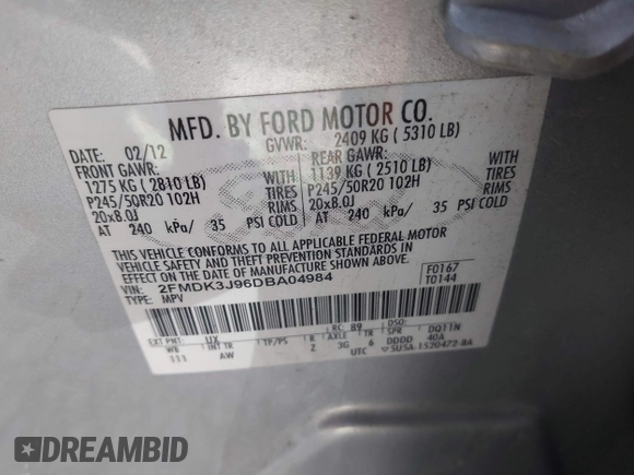 2013 Ford Edge SEL with VIN 2FMDK3J96DBA04984, listed as a IAAI auction lot 41801312 with 261,000 mi miles. Bid and sale history available at carsss.com. Image 9.