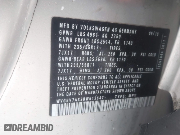 2011 Volkswagen Tiguan SE with VIN WVGBV7AX2BW513647, listed as a IAAI auction lot 41660772 with 86,042 mi miles and . Bid and sale history available at DreamBid. Image 9.