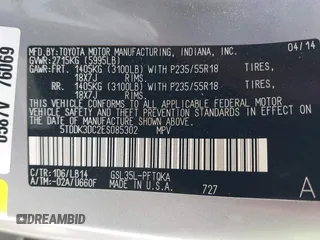 2014 Toyota Sienna Limited with VIN 5TDDK3DC2ES085302, listed as a IAAI auction lot 39560374 with 117,786 mi miles and . Bid and sale history available at DreamBid. Image 9.