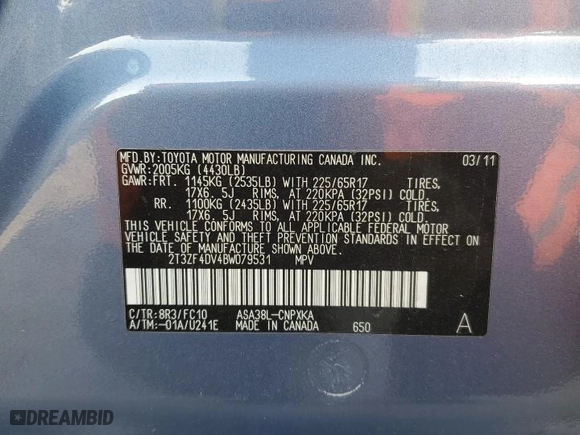 2011 Toyota RAV4 with VIN 2T3ZF4DV4BW079531, listed as a Copart auction lot 49657455 with 158,680 mi miles and Salvage Title. Bid and sale history available at carsss.com. Image 14.