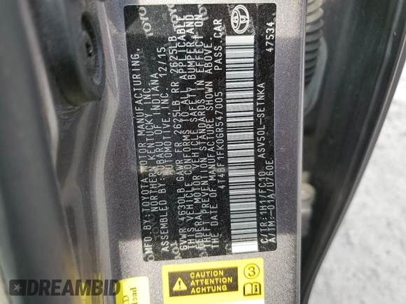 2016 Toyota Camry XLE with VIN 4T4BF1FK0GR547005, listed as a Copart auction lot 53674565 with 166,047 mi miles and Salvage Title. Bid and sale history available at DreamBid. Image 12.