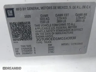 2021 GMC Sierra 1500 Elevation with VIN 3GTU9CED1MG143030, listed as a IAAI auction lot 41359657 with 1 mi miles. Bid and sale history available at carsss.com. Image 9.