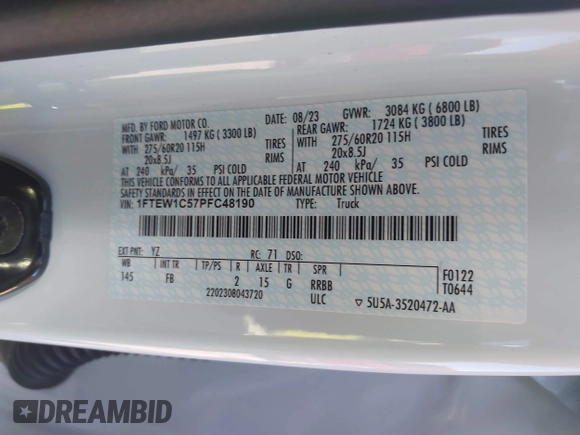 2023 Ford F-150 XL with VIN 1FTEW1C57PFC48190, listed as a IAAI auction lot 41696009 with 34,776 mi miles and . Bid and sale history available at DreamBid. Image 9.