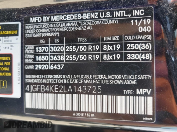 2020 Mercedes-Benz GLE 350 with VIN 4JGFB4KE2LA143725, listed as a Copart auction lot 54226035 with 65,684 mi miles and Clean title. Bid and sale history available at DreamBid. Image 13.