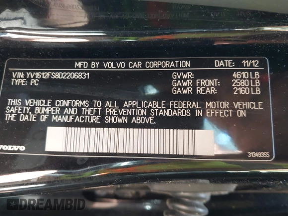 2013 Volvo S60 T5 Premier with VIN YV1612FS8D2206831, listed as a IAAI auction lot 42409968 with 131,992 mi miles and . Bid and sale history available at DreamBid. Image 9.
