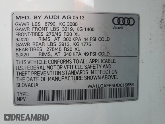 2013 Audi Q7 3.0T Premium Plus with VIN WA1LGAFE5DD016656, listed as a Copart auction lot 46071725 with 110,031 mi miles and Salvage Title. Bid and sale history available at carsss.com. Image 14.