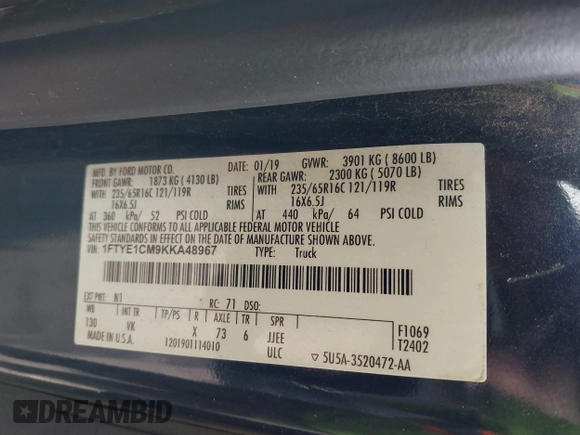 2019 Ford Transit with VIN 1FTYE1CM9KKA48967, listed as a IAAI auction lot 41737039 with 153,445 mi miles and . Bid and sale history available at DreamBid. Image 9.