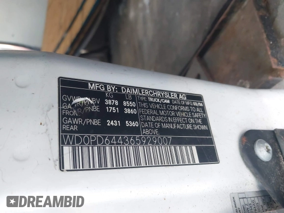 2006 Dodge Sprinter with VIN WD0PD644365929007, listed as a IAAI auction lot 41605041 with 221,956 mi miles and . Bid and sale history available at DreamBid. Image 9.