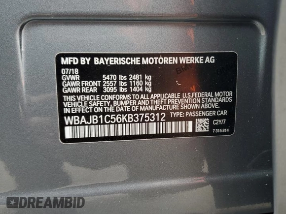 2019 BMW 5 Series 530e xDrive with VIN WBAJB1C56KB375312, listed as a Copart auction lot 52709125 with 63,422 mi miles and Salvage title. Bid and sale history available at DreamBid. Image 14.