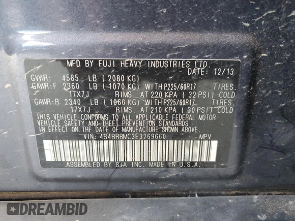 2014 Subaru Outback Limited with VIN 4S4BRBMC3E3269660, listed as a Copart auction lot 65770355 with 115,515 mi miles and Salvage title. Bid and sale history available at DreamBid. Image 12.
