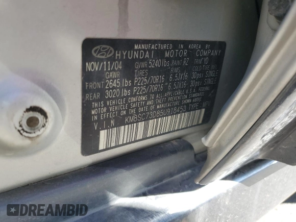 2005 Hyundai Santa Fe GLS with VIN KM8SC73D85U918453, listed as a Copart auction lot 46942725 with 186,275 mi miles and Salvage Title. Bid and sale history available at carsss.com. Image 13.