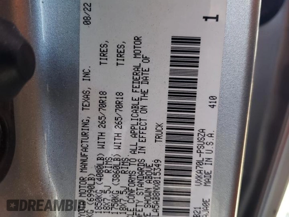 2022 Toyota Tundra 2WD SR5 with VIN 5TFLA5AB8NX015349, listed as a Copart auction lot 68870194 with 34,977 mi miles and Salvage Title. Bid and sale history available at carsss.com. Image 12.