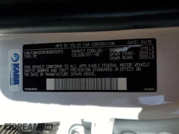 2019 Volvo S60 Momentum with VIN 7JRA22TK3KG013375, listed as a Copart auction lot 50717054 with 39,149 mi miles and Salvage Title. Bid and sale history available at carsss.com. Image 12.